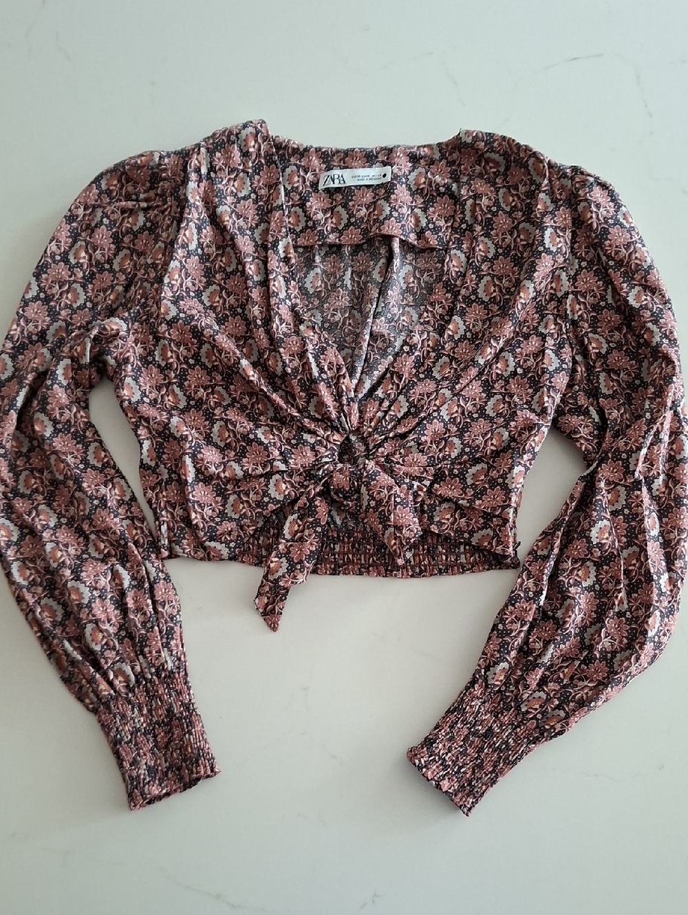 Zara Navy/Purple Floral Boho Puff Sleeve Cropped Keyhole Detail Blouse (Size M)